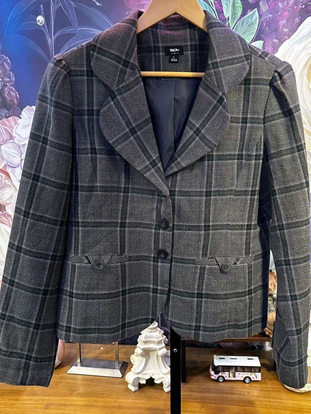 Mossimo Large Wool Blend Blazer Gray Plaid Office Siren Classic Clean Girl